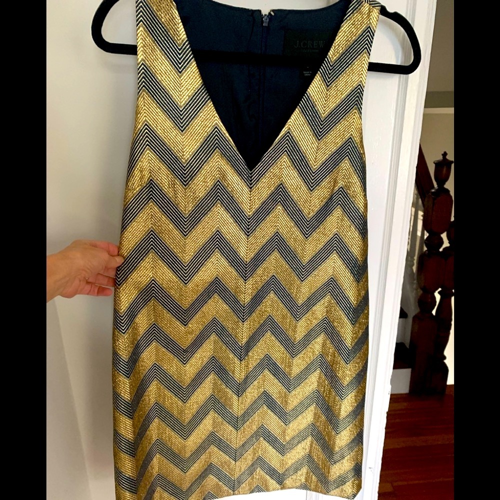 J. Crew Collection Metallic Gold + Midnight Blue Golden Chevron Shift Dress
